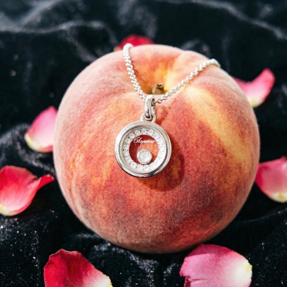 Chopard Silver Disk Necklace with Clear Diamond and Peach Accents